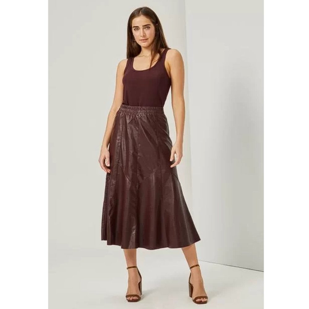 Vintage Merlot A-Line Leather Midi Skirt - Picture 1 of 7